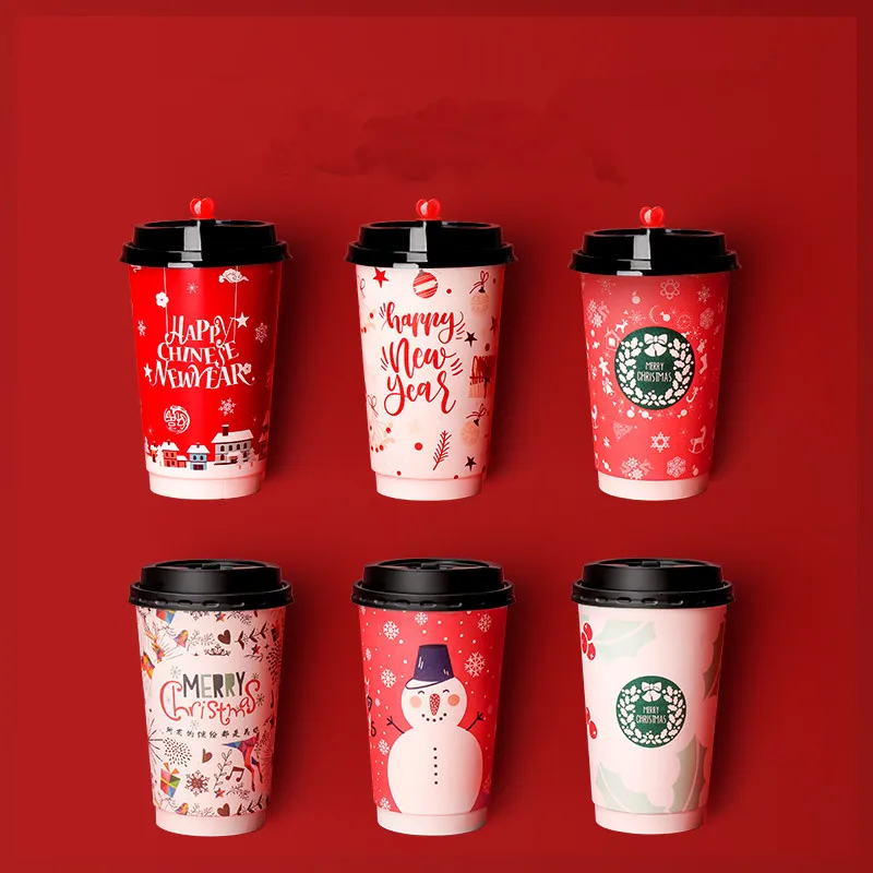 

50 шт. высококачественная двухслойная бумажная одноразовая кофейная чашка 500 мл Рождественская чашка для напитков Новогодняя бумажная чашк...