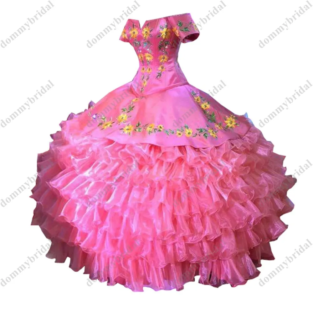 

Женское бальное платье с открытыми плечами, розовое платье для выпускного вечера с оборками и цветочной вышивкой, 15 16, 2023