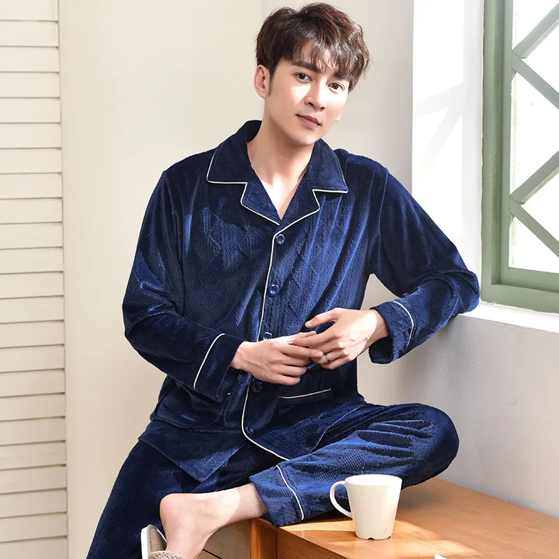 Pajamas Men's Winter Thin Coral Fleece Large Size Thickening Warm Long-sleeved Island Home Service Suit Sommeil Tops 2020 | Мужская