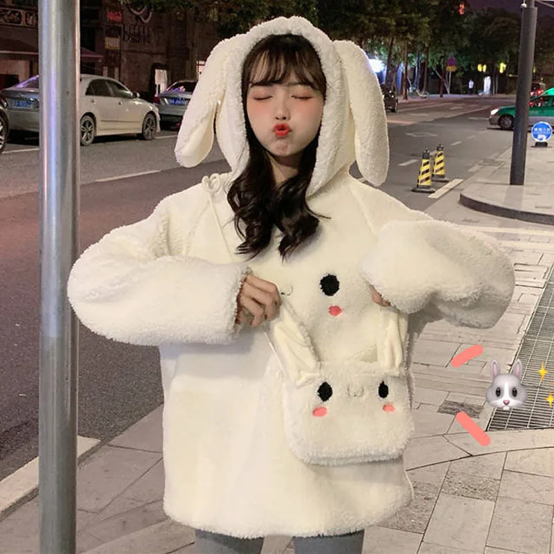 

Зимняя женская толстовка из имитации овечьей шерсти, белая толстовка с длинным рукавом и мультяшным принтом, Женская милая толстовка с крол...