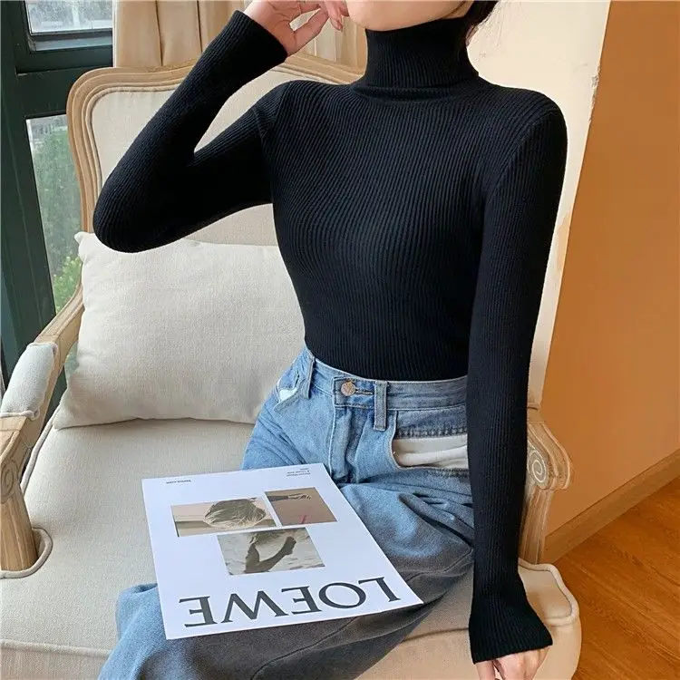 2021 New Women's Autumn Winter Turtleneck Pullovers Sweater Woman Primer Shirt Long Sleeve Short Slim-fit tight Jumper Top Solid | Женская