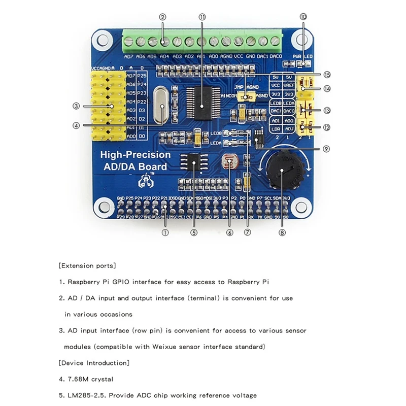 Плата расширения аналогового/цифрового модуля высокой точности для Raspberry Pi 3B +/4B