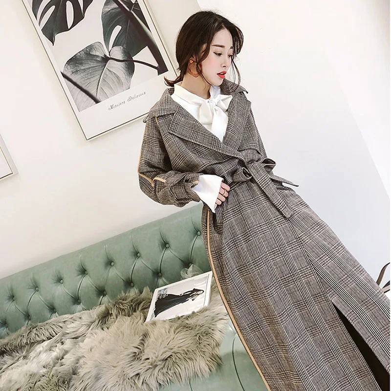 

Тренчкот женский в клетку, элегантная повседневная свободная ветровка оверсайз в Корейском стиле, с отложным воротником и длинным рукавом, ...