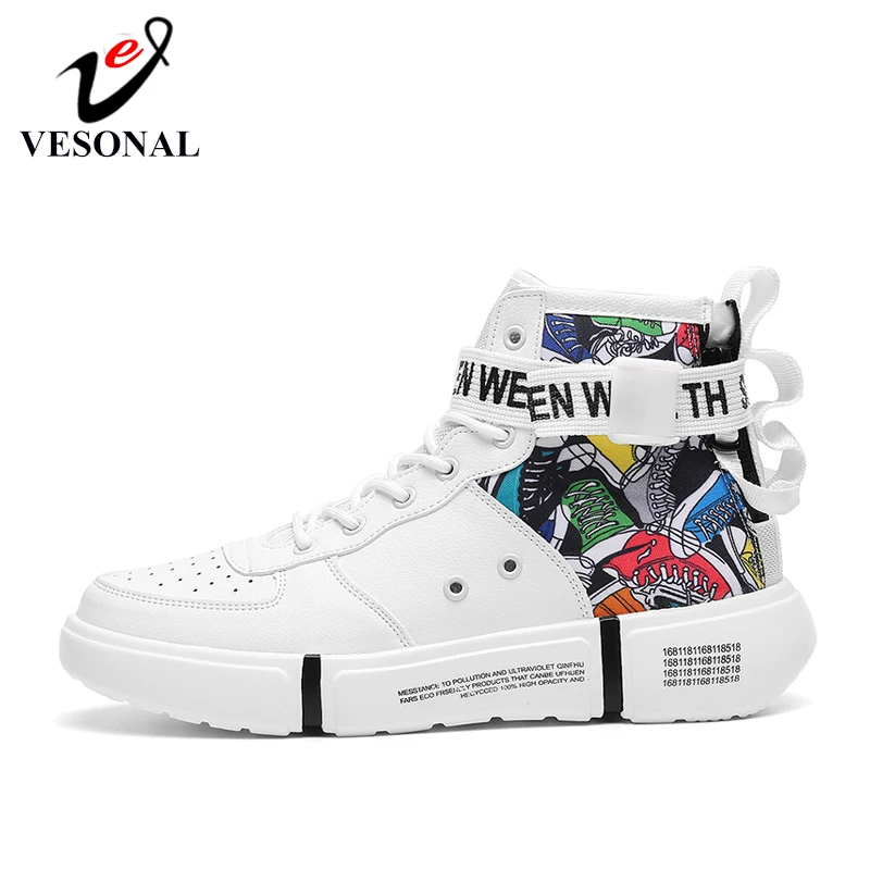 VESONAL 2020 Spring Hip Hop High Top Leather Sneakers Men Shoes Casual Print lightweight Rock Breathable Male Footwear street | Обувь