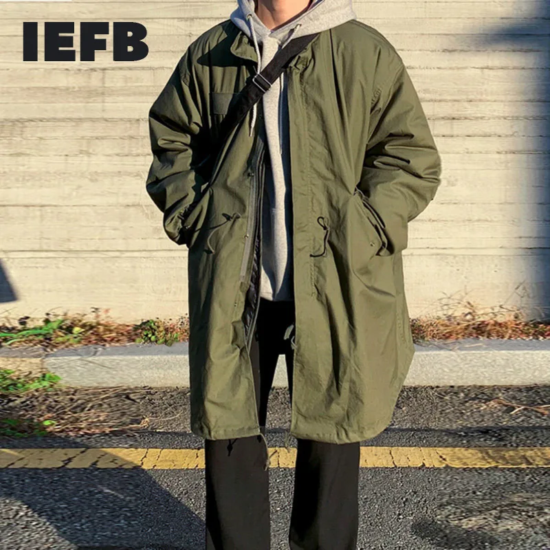 IEFB Men's Winter Zipper Thickened Cotton Coat Black Green Medium Length Windbreaker Korean Ins Loose Removeable Linner Parkas