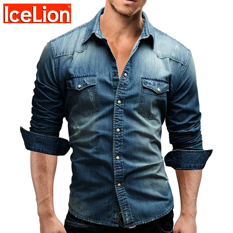 

IceLion 2021 Spring Denim Shirt Men Long Sleeves Slim Fit Double Pocket Cotton Dress Shirts Casual Men's Solid Camisa Masculina