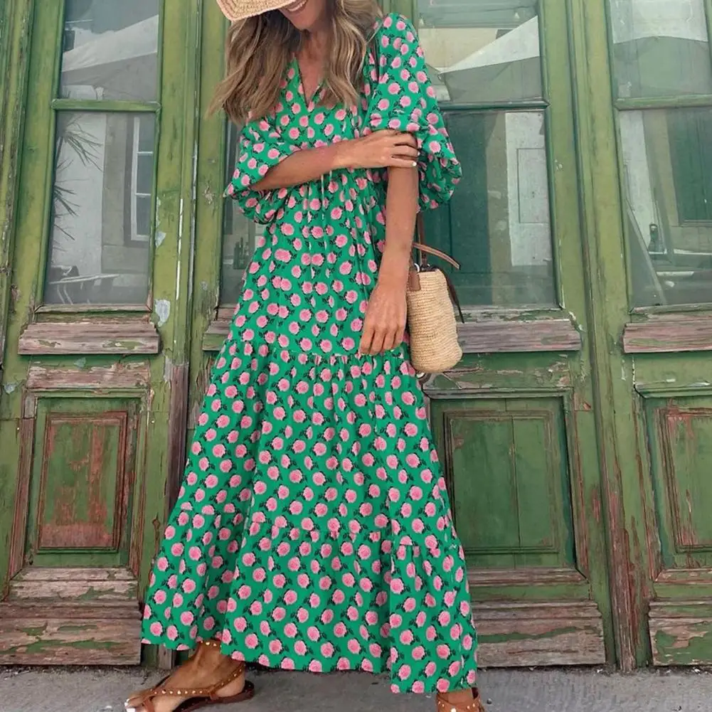 

Women Dresses Stylish Loose Ankle-length Dress Casual V Neck Half Sleeve Floral Print Drawstring Accessory Ladies Dress
