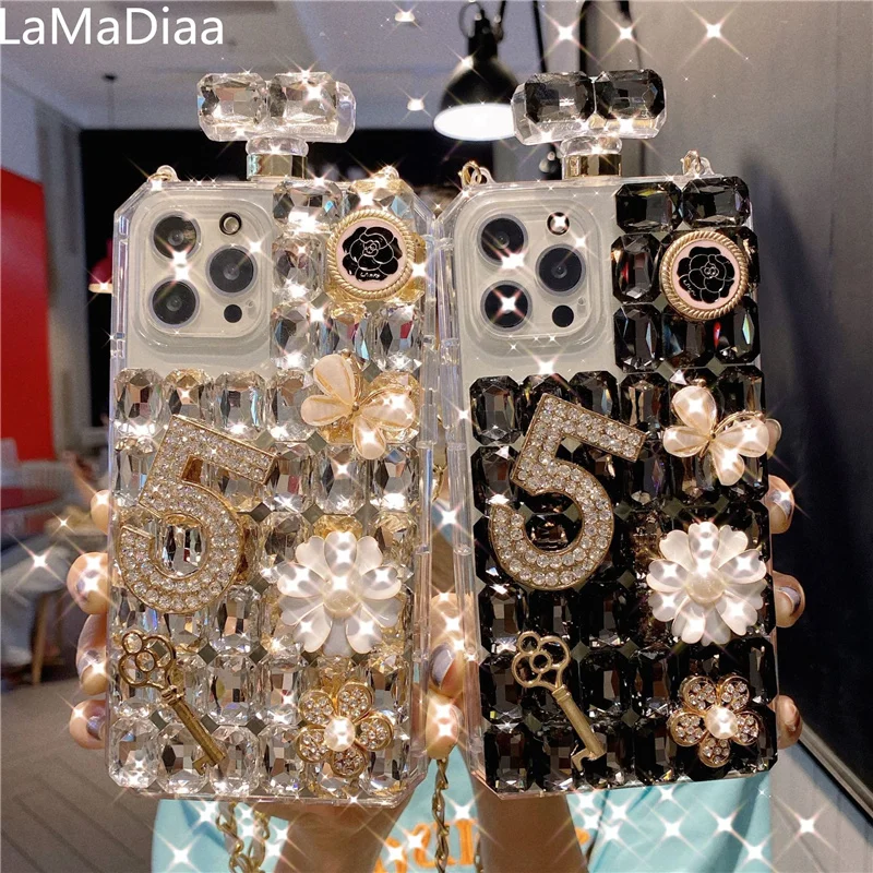 Luxury Bling Crystal Diamond Chain Handbag Perfume Bottle Lanyard Case For iPhone11 12 13 Pro X XR XS MAX 6S 7 8 Plus Phone Case