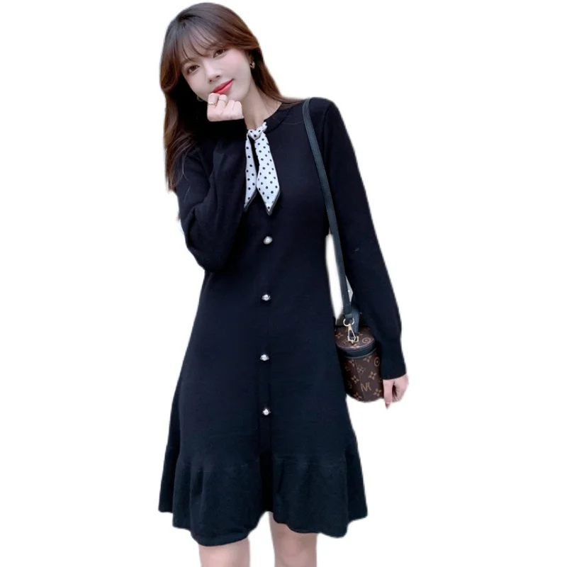 

Women Knitted Winter Sweater Dress Polka Dot Bow Tie Long Sleeve Korean Fashion Party Dresses Women 2020 Vestido Feminino
