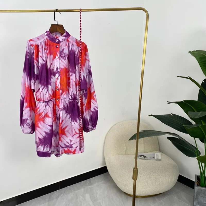 

Silk Summer Women Fashion Colorful Print Single Breasted Short Sleeve Romper Playsuits With Lace up High Quality