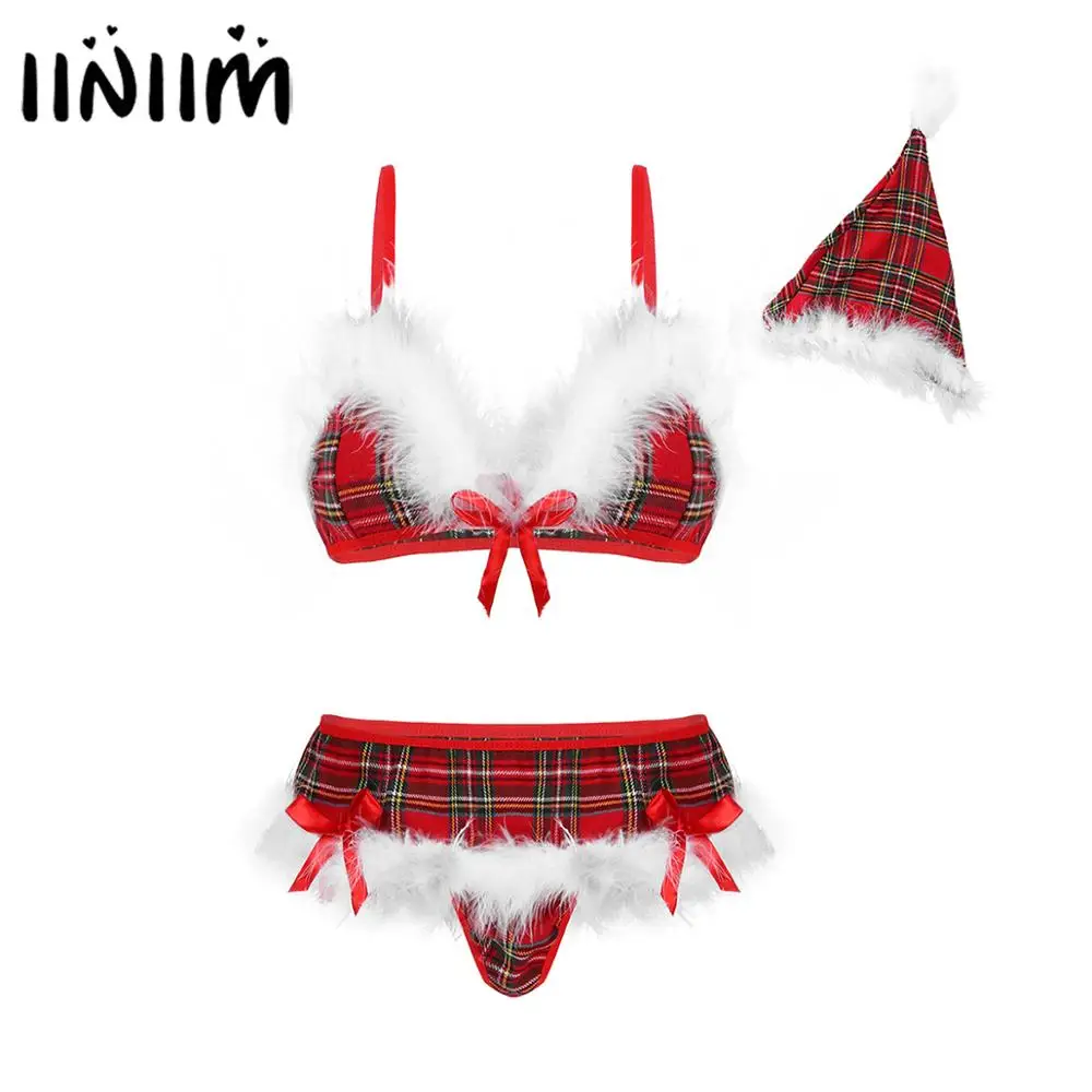 Комплект женского рождественского нижнего белья в клетку модный пикантный