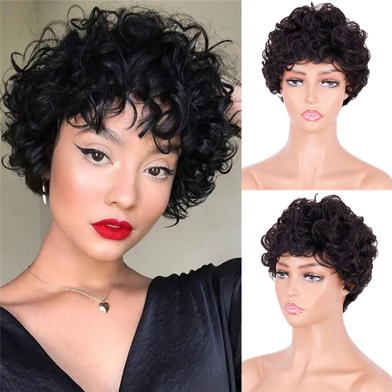 

Ladies Short Black Curly Wig Nature Wavy Synthetic Wig With Bangs For Daily Party Nature Looking Wig For Women