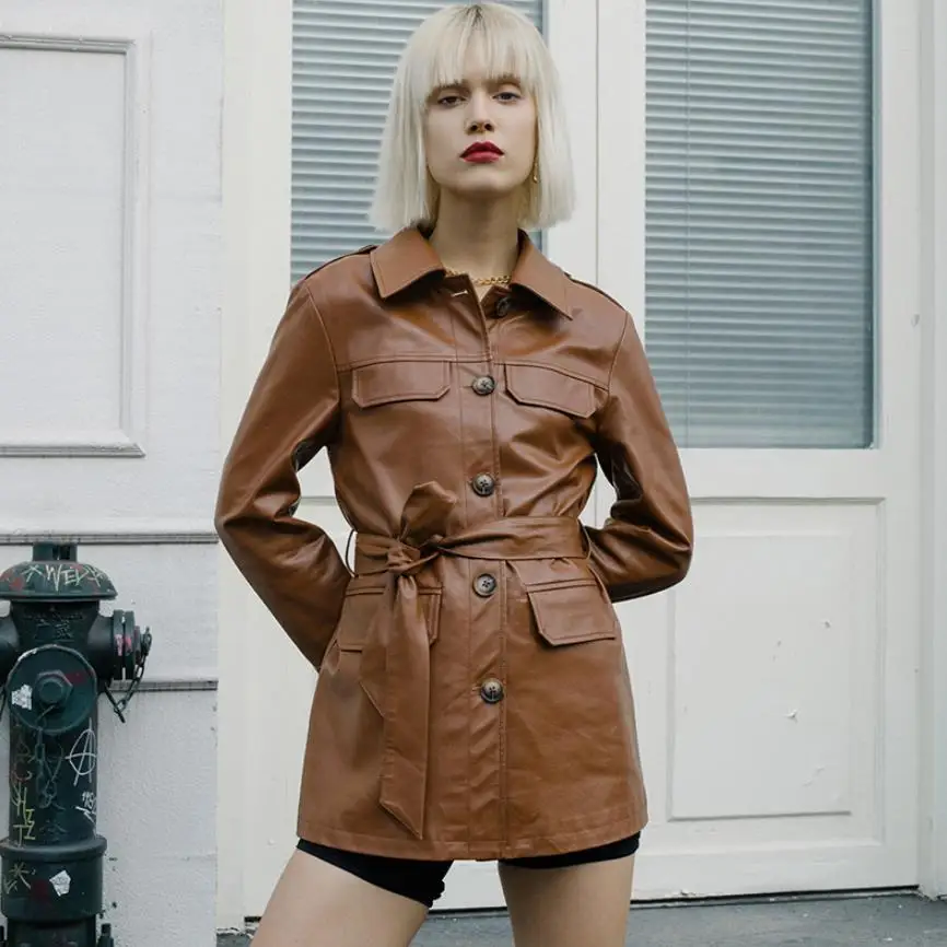 England locomotive style single breasted pu leather jacket female great quality was thin with belt F1030 | Женская одежда