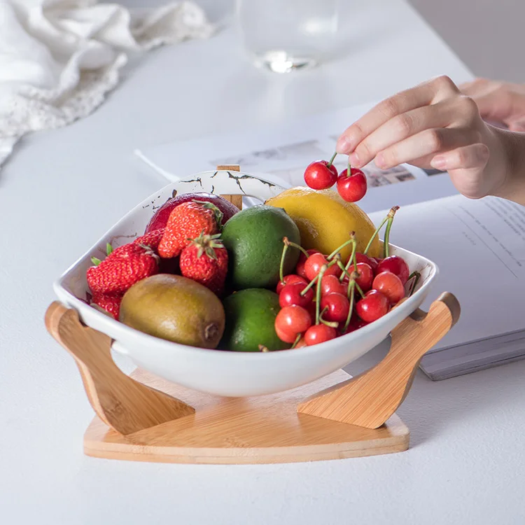 

Nordic creative golden fruit bowl restaurant three-hole salad bowl bronzing household ceramic bowl with wooden frame