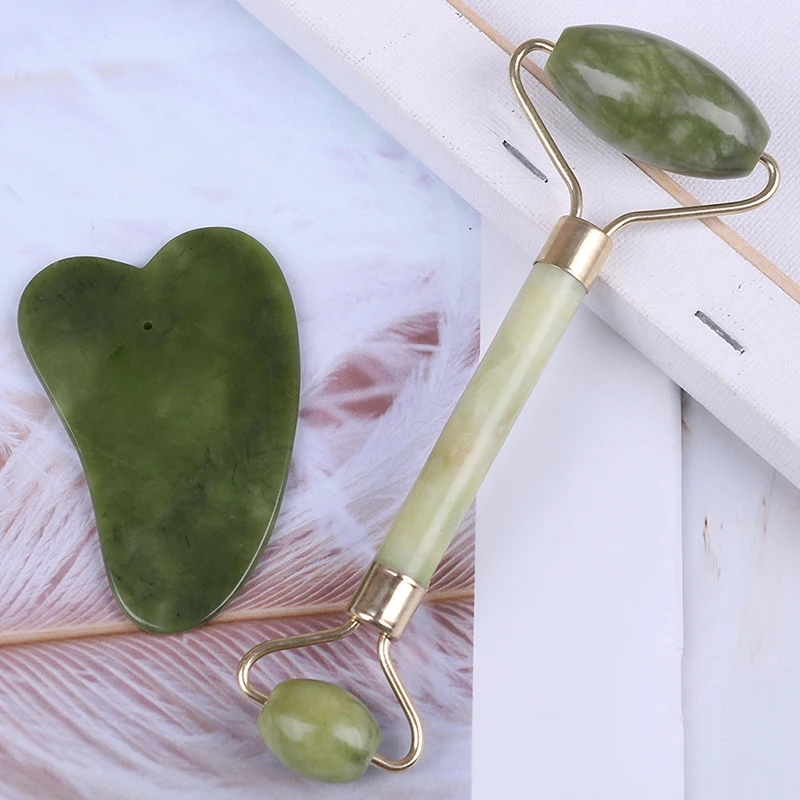 

1Set Natural Jade Guasha Facial Face Thin Roller+Body Guasha Board Massager Stone Tool Set Health Care Relaxation