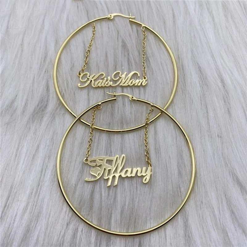 

Dainty Pair Customized Name Earrings with Chain Stainless Steel Personalized Big Circle Hoop Women Earrings Personalized Jewelry