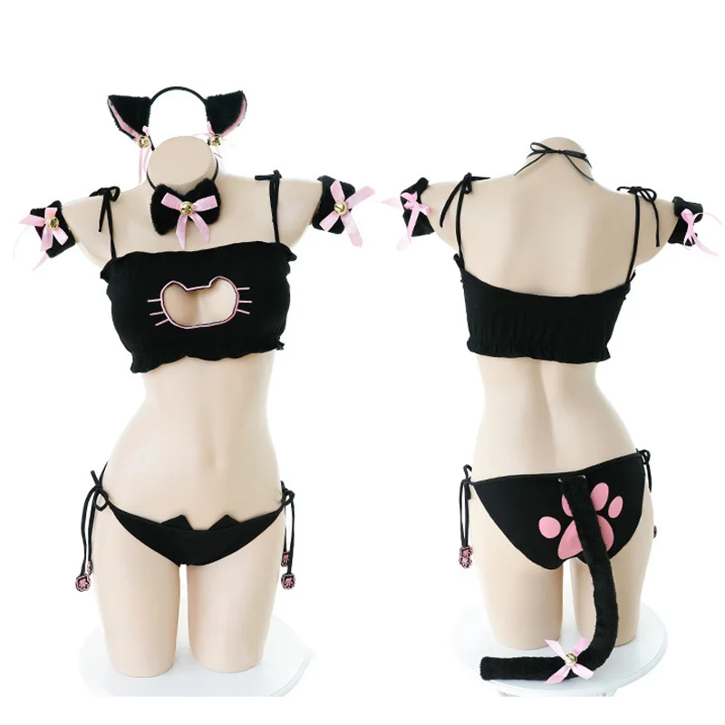 

Lovely Neko Cosplay Costumes Cute Lolita Cat Collar Pierced Bra Brief Set Underwear Sexy Lingerie Bell Choker+Top+Pantie+Tail