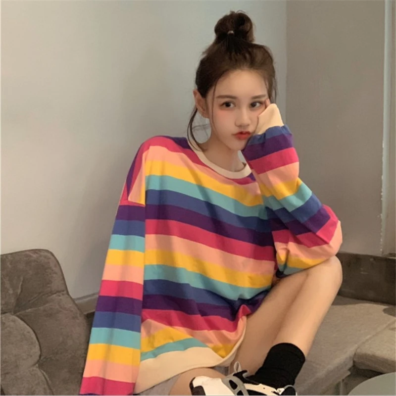 2019 летние и осенние новые милые полосатая Радужная футболка Свободные анти
