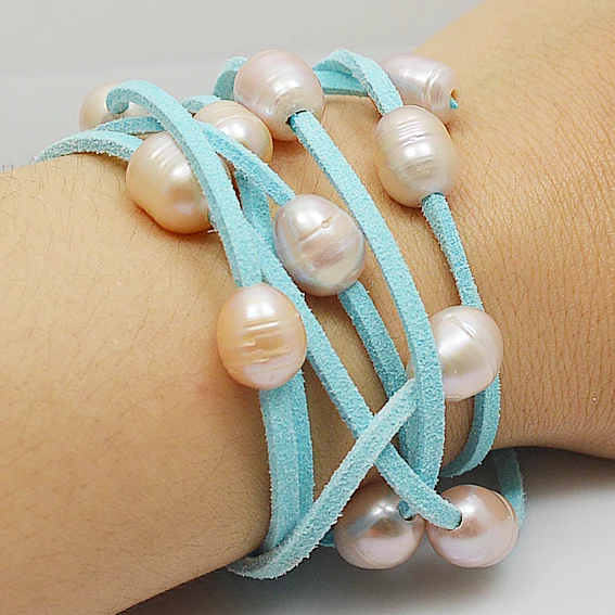

120cm Long Pearl Real Leather Necklace Pink Genuine Freshwater Pearl Blue Leather Pearl Jewelry Charming Women Brithday Gift