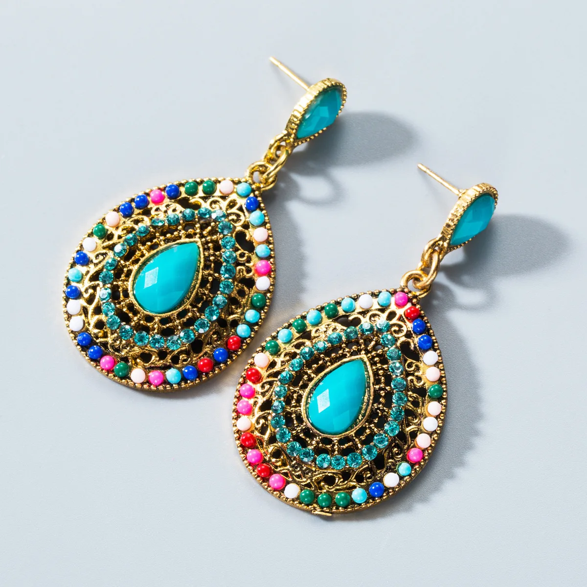 

S2215 Bohemian Fashion Jewelry Vintage Water Drop Colorful Rhinstone Dangle Stud Earrings