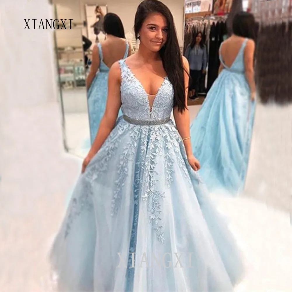 

Coloré Sexy V robe de bal 2020 plissé Tulle a-ligne appliqué longue robe de fête cristal ceinture formelle robes élégantes Vesti