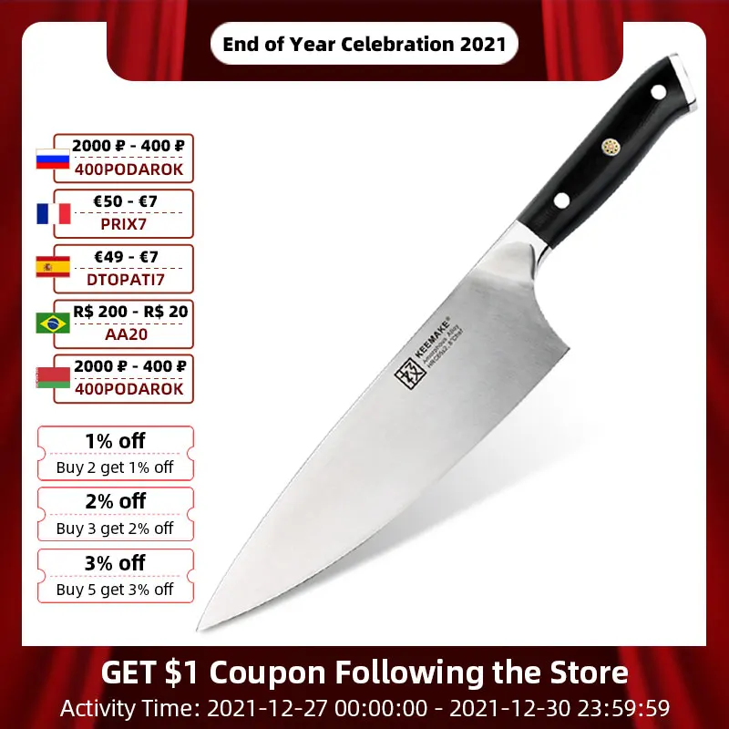 

KEEMAKE 8 inch Chef Knife Kitchen Knives Liquid Metal Steel 65HRC Strong Hardness Chef's Cutter Tools Top Quality G10+S/S Handle