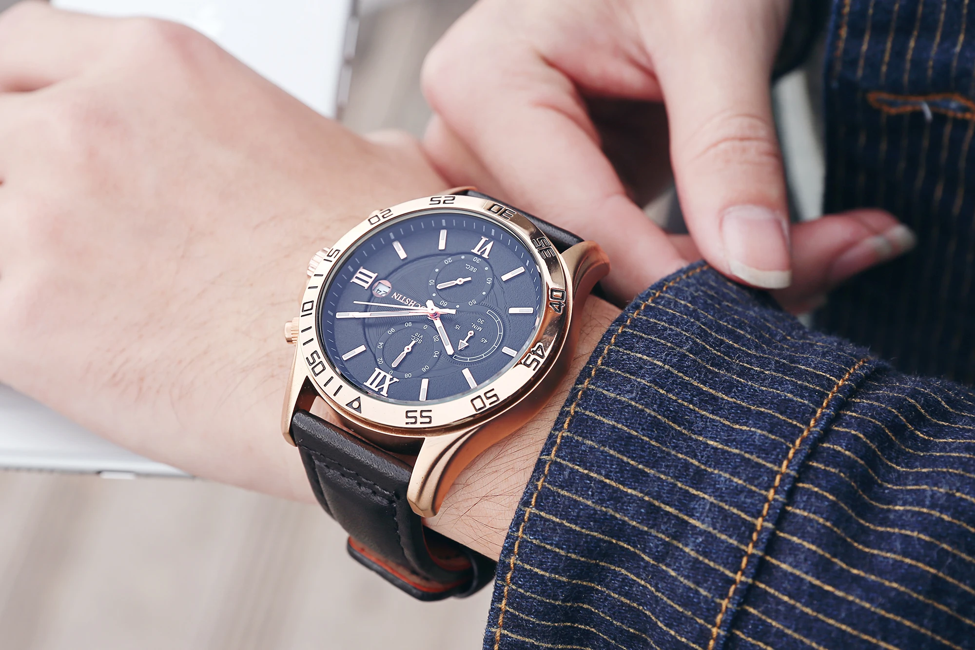 reloj hombre OCHSTIN Rose Gold Luxury watch Automatic Calendar business men watch in Casual sport leather band quartz watch men