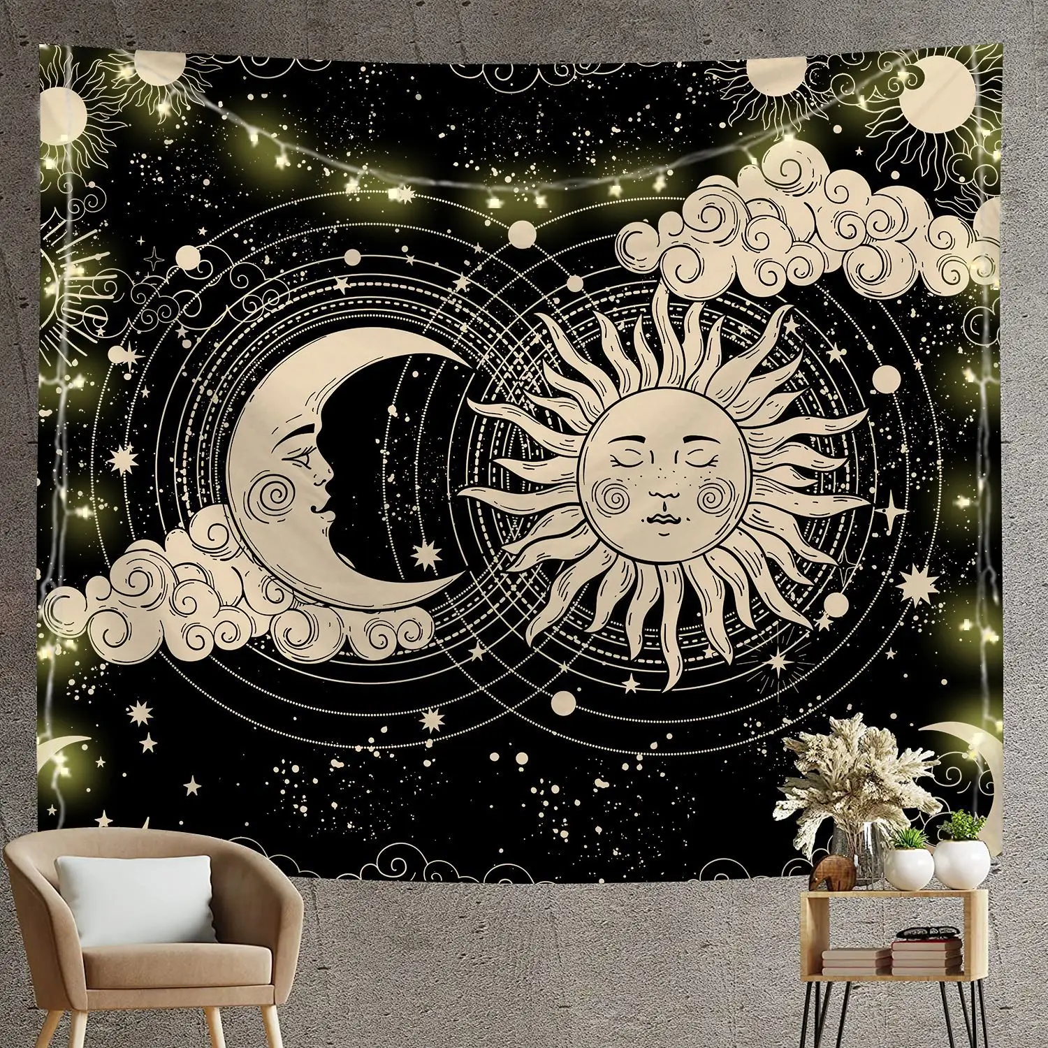 Psychedelic Tarot Weiß Schwarz Sonne Mond Wandteppich Hängen Astrologie Wohnheim Boho Dekor Wandteppich Ästhetische Decke Teppiche