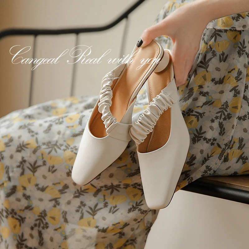 

Women Slippers natural leather shoes plus size 22-25.5cm Full leather Square toe round heel Ankle elastic mules woman slippers