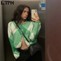 ltph vintage green argyle sweaters women loose casual knitted cardigan single breasted long sleeve knit outwear 2021 autumn new