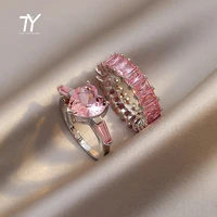 2021 classic pink crystal geometry peach heart silver color ring for woman wedding girls luxury set with korean fashion jewelry