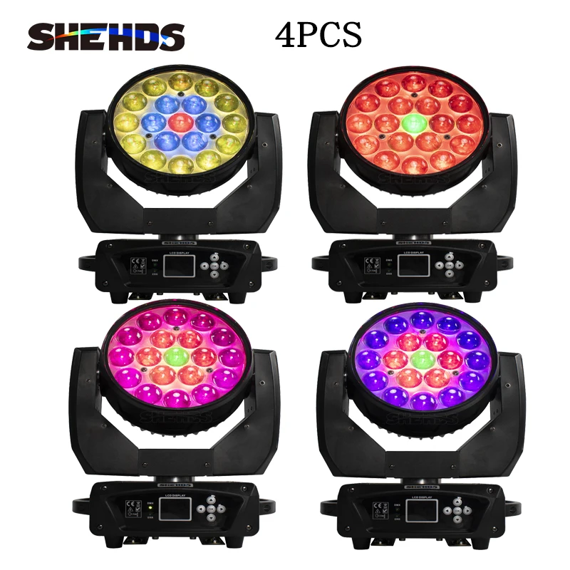 SHEHDS  4PCS Beam+Wash 19x15W RGBW Zoom  Moving Head Lighting for Disco KTV Party Free Fast Shipping