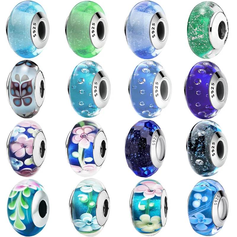 Подвеска из серебра 925 пробы с синей глазурью и бусинами муранского стекла|Шармы|