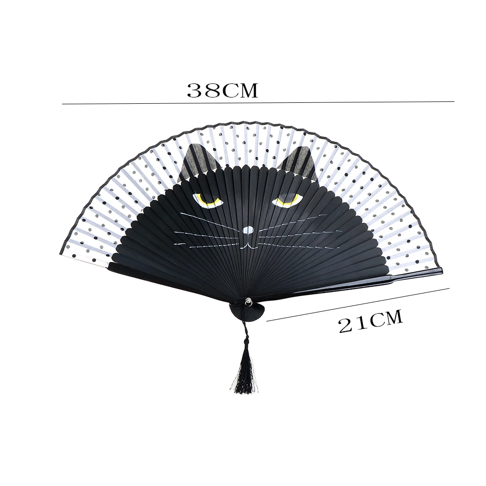 

New Year Decor Vintage Japanese Bamboo Silk Hand Fan Cartoon Cat Painted Folding Fan Craft Xmas Christmas Gift 21x38cm