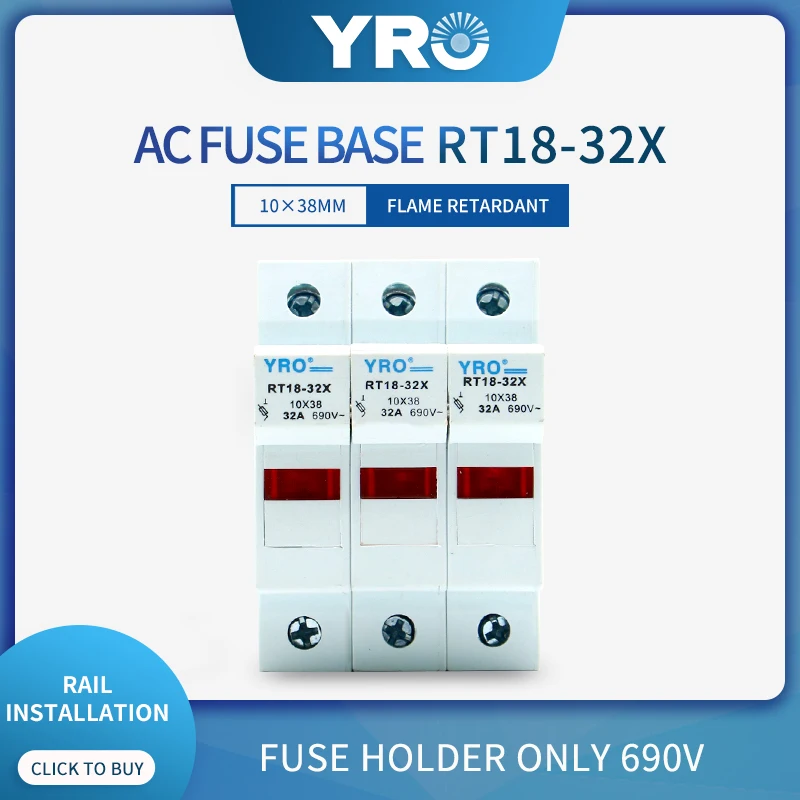 

AC 1PC 3P Fuse Base 690V 32A With LED light Matching Fuse 10x38MM R015 only Fuse Base RT18-32X