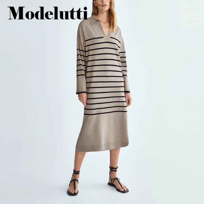

Modelutti Winter Dress Women Vestidos England Style Fashion Simple Striped Loose Polo Collar V-neck Knitted Midi Dress Women Top