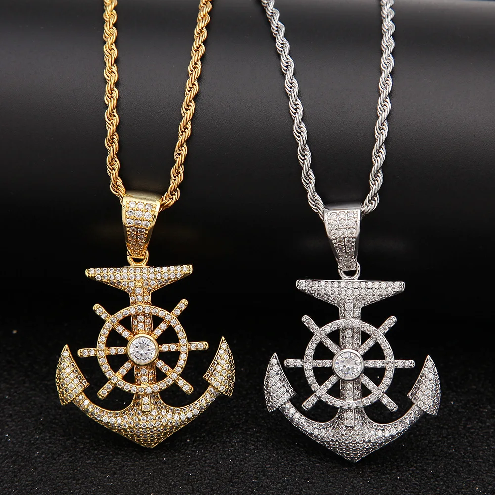 

Hip Hop Man In Crystal Ice Out Cuban Anchor Rudder Necklace Pendant