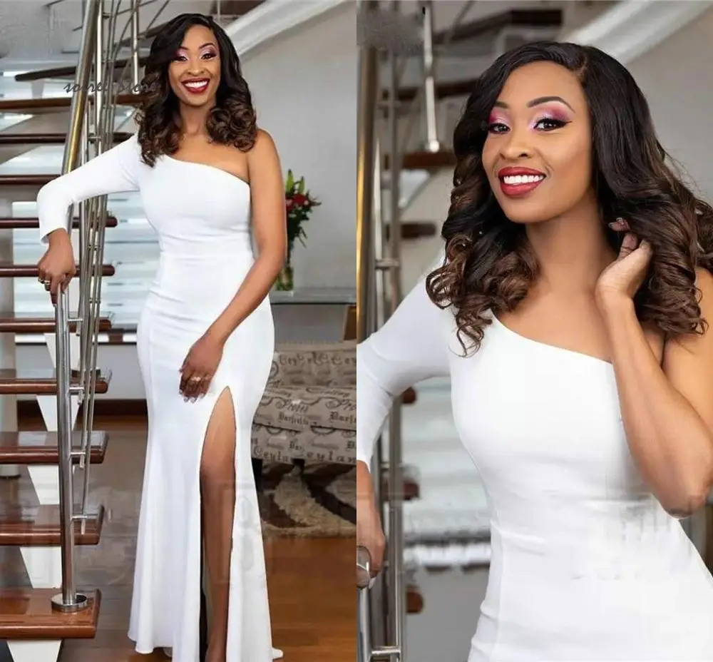 

Modest Black Girl Prom Dresses With Split Sexy One Shoulder Long Sleeve Evening Dress Cheap African Plus Size Formal Party Gown