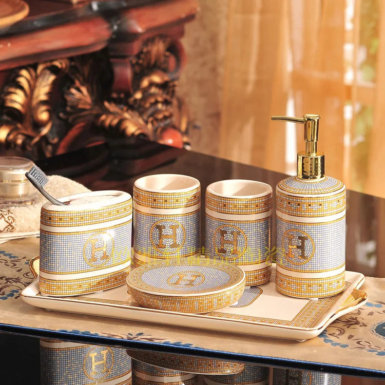 luxury golden ceramics bathroom accessory set porcelain soap dispenser couple wash suit pump bottle tooth frame holder mouth cup free global shipping