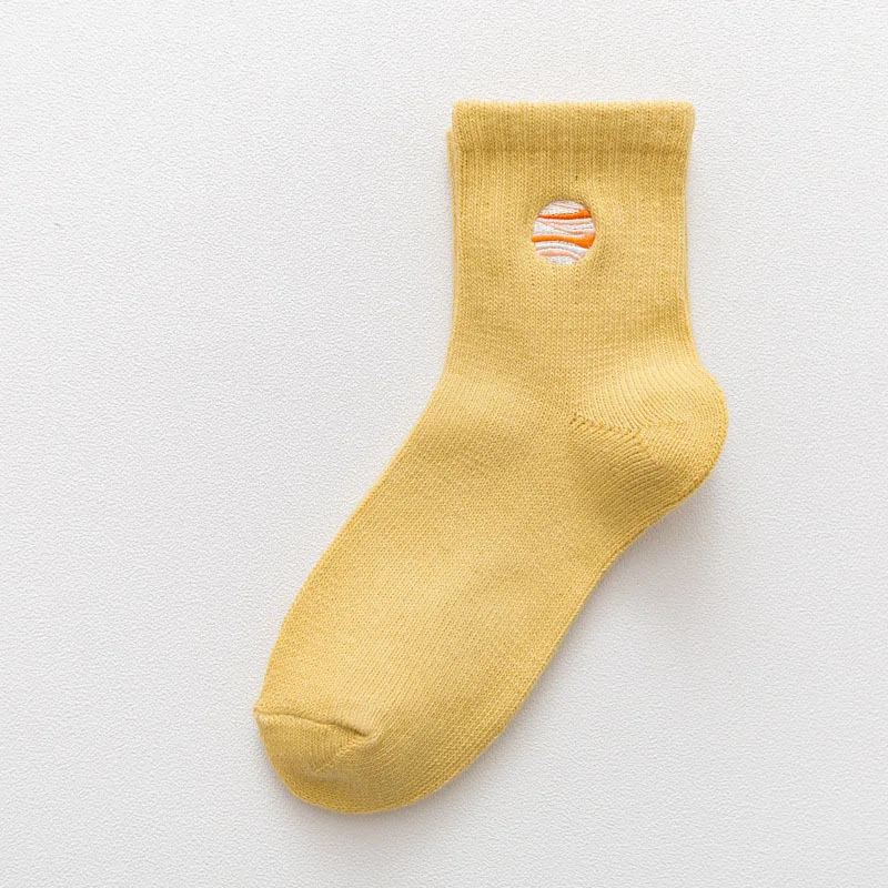 Yellow Женские носки, Осень-зима, новинка, мультяшная вышивка, планета, хлопковые носки без пятки, для девушек, для колледжа, ветер, дикие, модные, для влюбленных, носки B114 - Цвет: Yellow