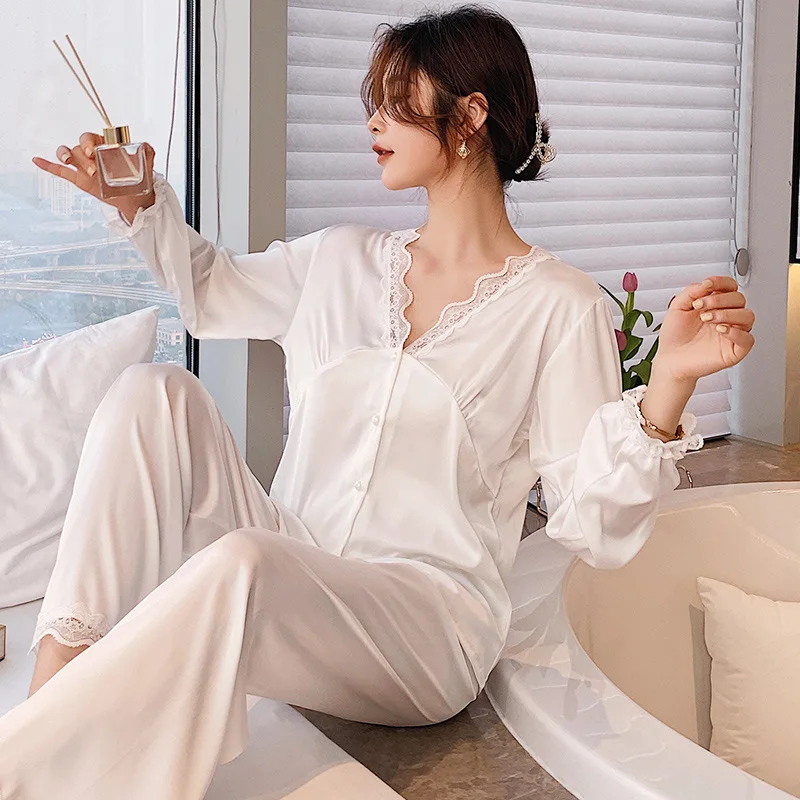 Casual Pajamas Women Sleepwear Satin Two Piece Set Lace Shirt&Pants Sexy Button-Down Loungewear Comfy Pyjamas PJS Suit