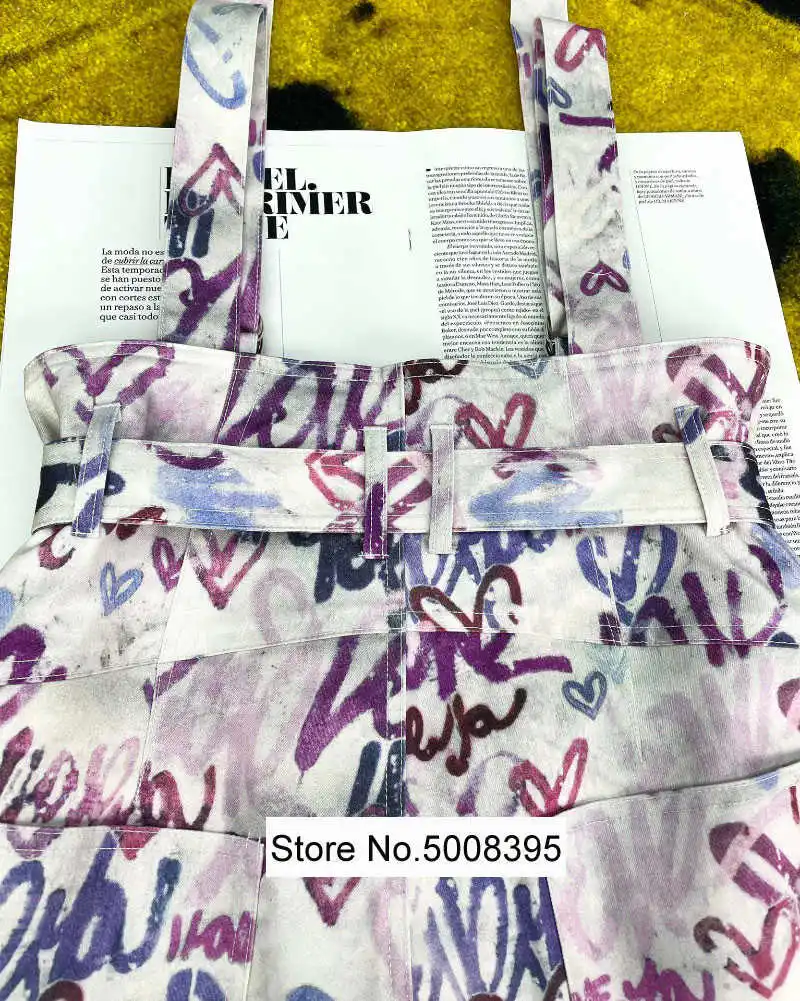 

Woman Letters Love Print Cotton Linen Playsuit with Straps Big Pockets Waist Belt Fashion Shorts Overalls