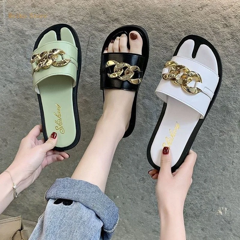

Za Women's Shoes Black Charm Flat Sandal Slippers Fashion Open Toe Golden Chain Outer Wear One-Word Sandals Travel Summer
