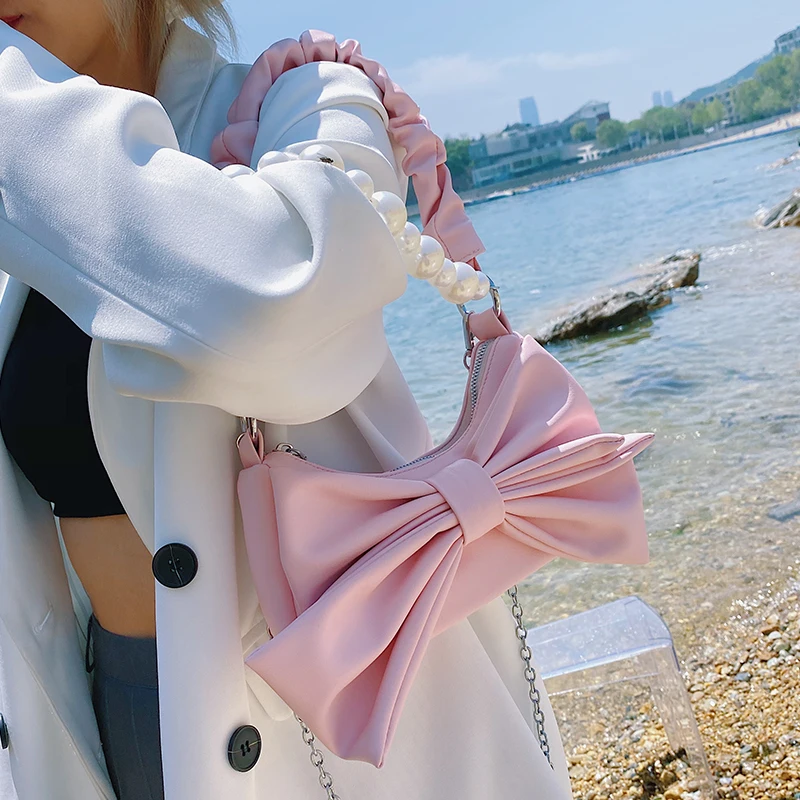 

Bowknot Shoulder Bag 2021 Summer Cute Chain Small Square Bag Designer Handbags Luxury Pearl Crossbody Bags Women Bolsa Feminina