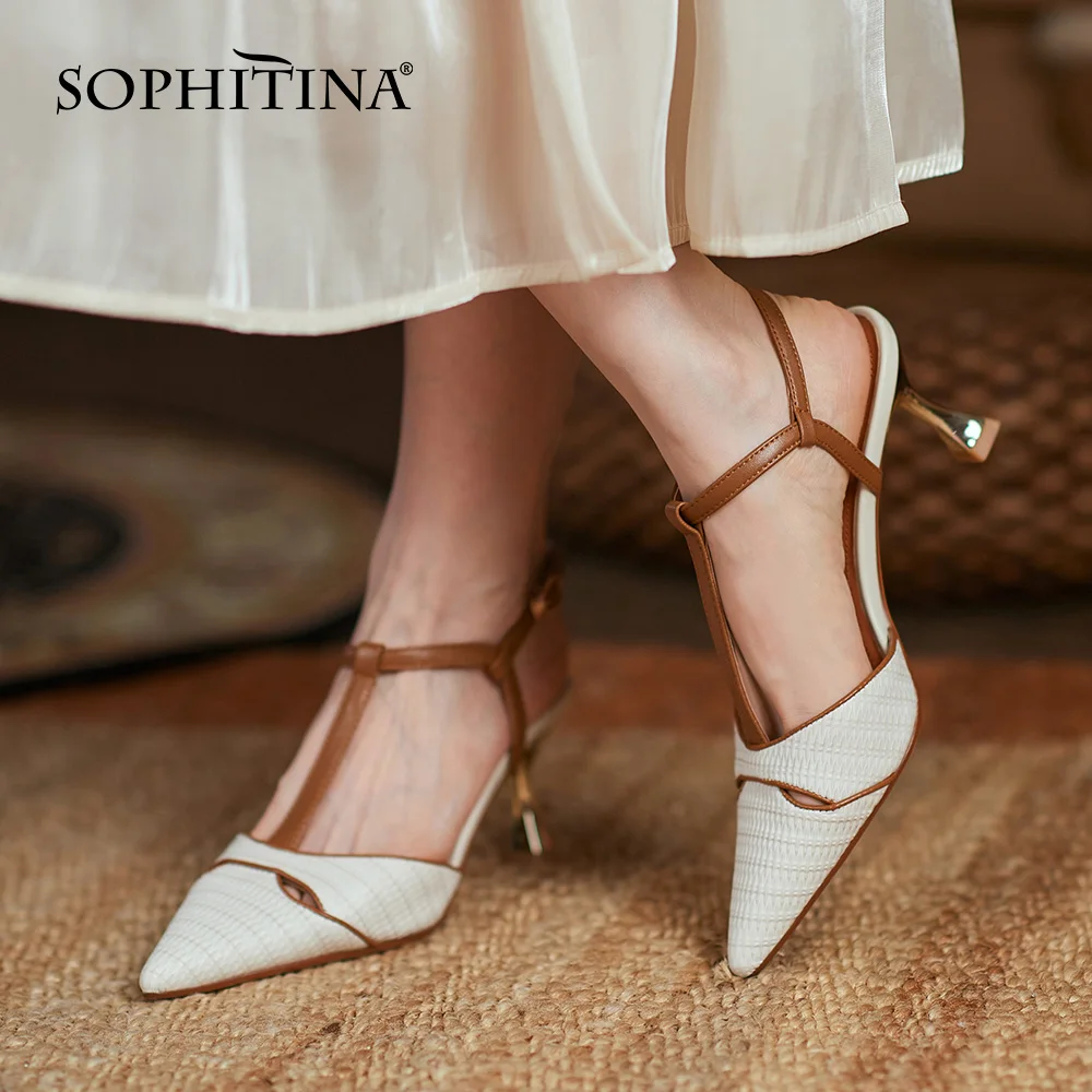 

SOPHITINA Color-blocking Women's Sandals Classic T-shaped Narrow Band Stiletto Shoes Pointed Cover Toe Hollow Female Shoes AO787