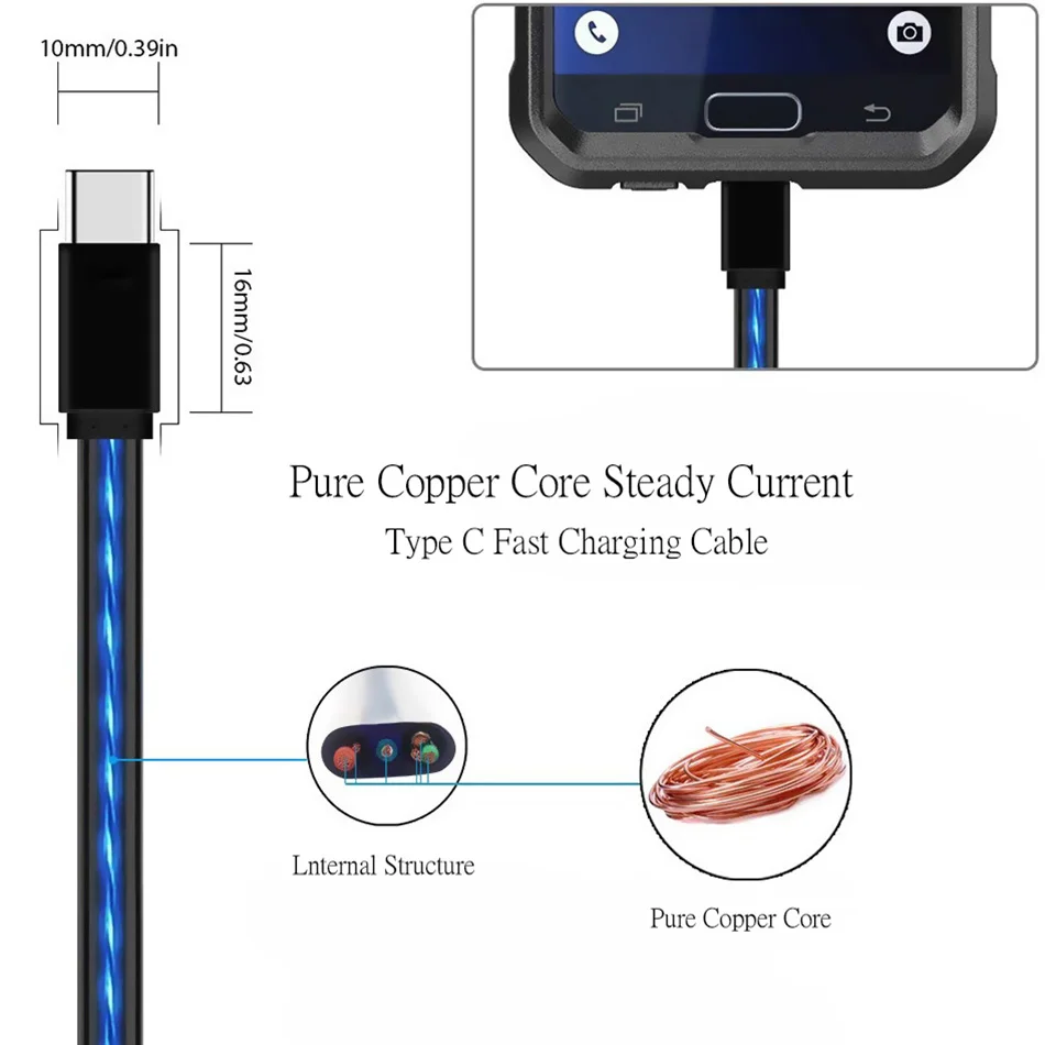 Струящийся кабель со светодиодной подсветкой для iPhone samsung huawei Micro USB для Xiaomi type C светящийся кабель для быстрой зарядки USB кабель мобильного телефона