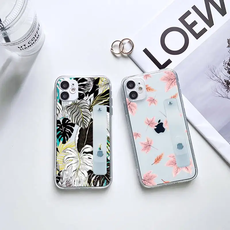 

Colorful Flower Leaves Conch Phone Case Wrist Strap For iPhone 7 8 11 12 X XS XR MINI Pro Max Plus Hand Band Transparent Clear