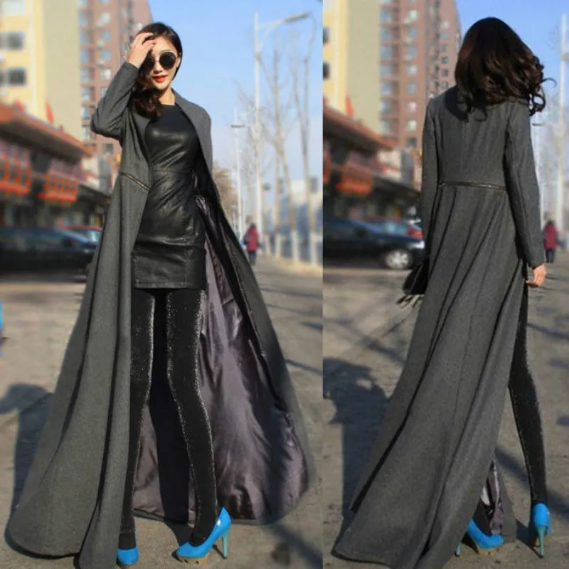 Winter Women Woolen Maxi Long Overcoat Streetwear Splice Zipper Office Ladies Outerwear Runway Wool Blends Coat Windbreaker | Женская