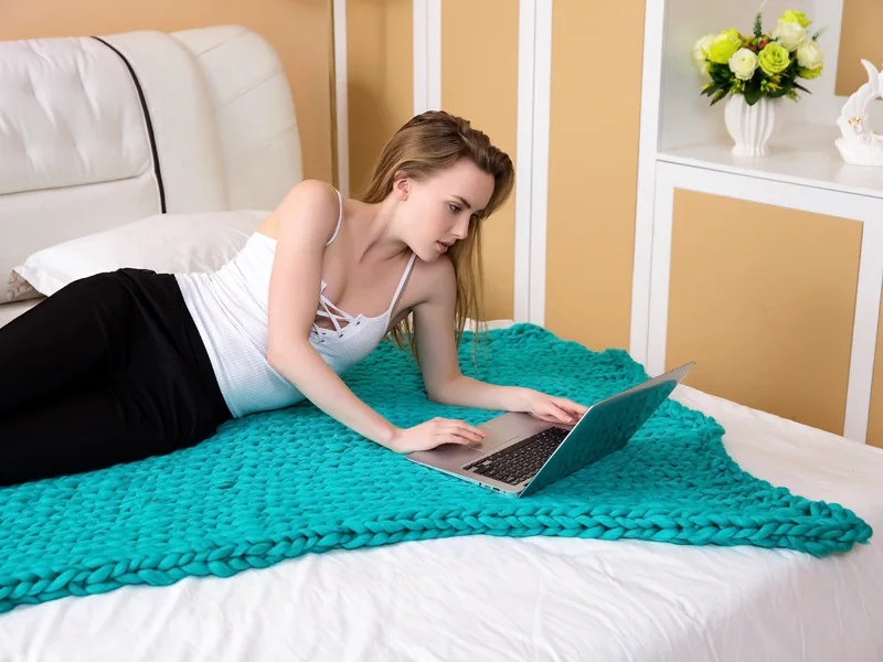 Одеяло из шерсти мериноса для взрослых однотонное вязаное одеяло ручной работы