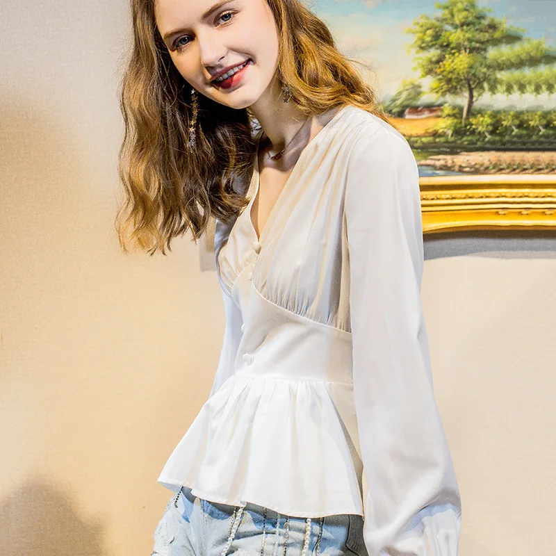 

2021 Spring New Ruffled Retro V-neck a Swing Top Fashionable Shirt Long Sleeve